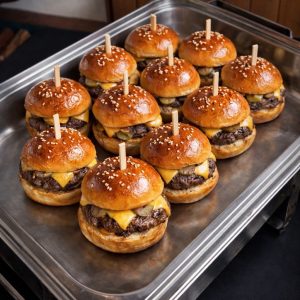 Mini burgery na podnosu připravené na raut